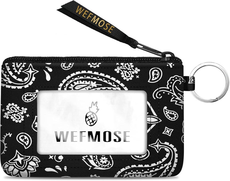 WEFMOSE Small Wallet Keychain with Clear ID Window Zipper Cute ID Case Coin Purse for Women Water Resistant Coin Pouch-Paisley-Black Keychain Wallet - Image 1